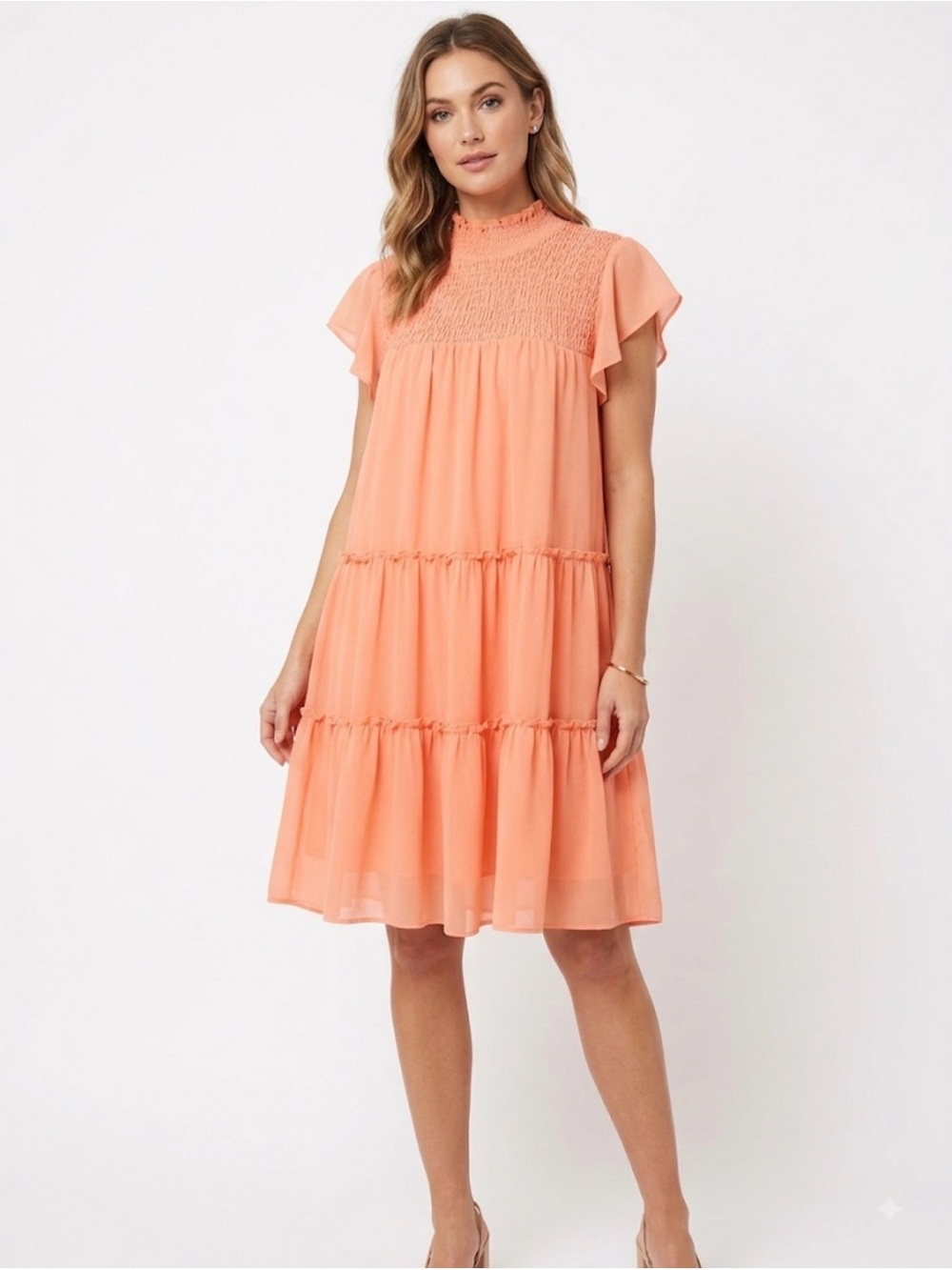 Maison Tara Peach Tiered Smocked Mini Dress